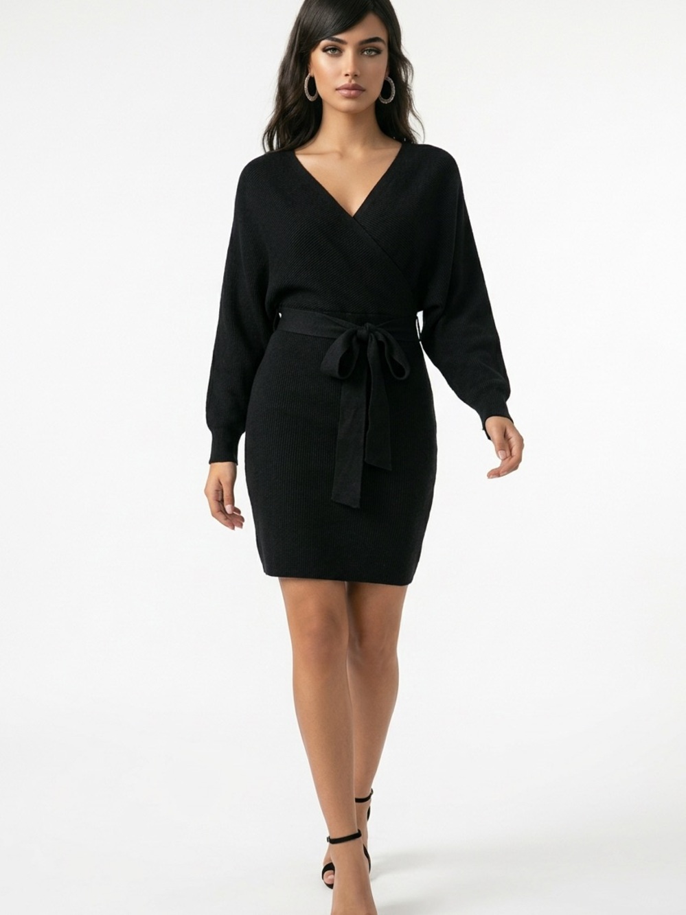 UNBRANDED | Black Ribbed Knit Sweater Dress Belted Batwing Sleeve Women’s Size S
